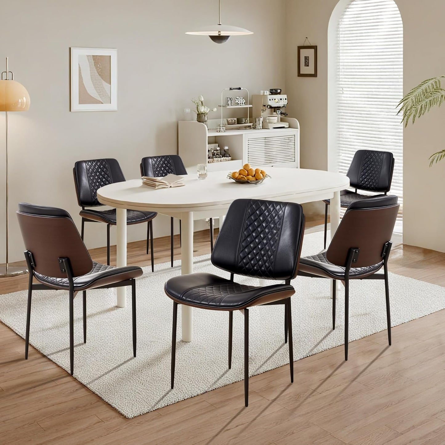 Dining Chairs Set of 6, Upholstered PU Leather Armless Chair, Mid Century Modern Dining Room Chairs, Retro Walnut Bentwood Kitchen Chair with Metal Legs and Adjustable Feet, Black