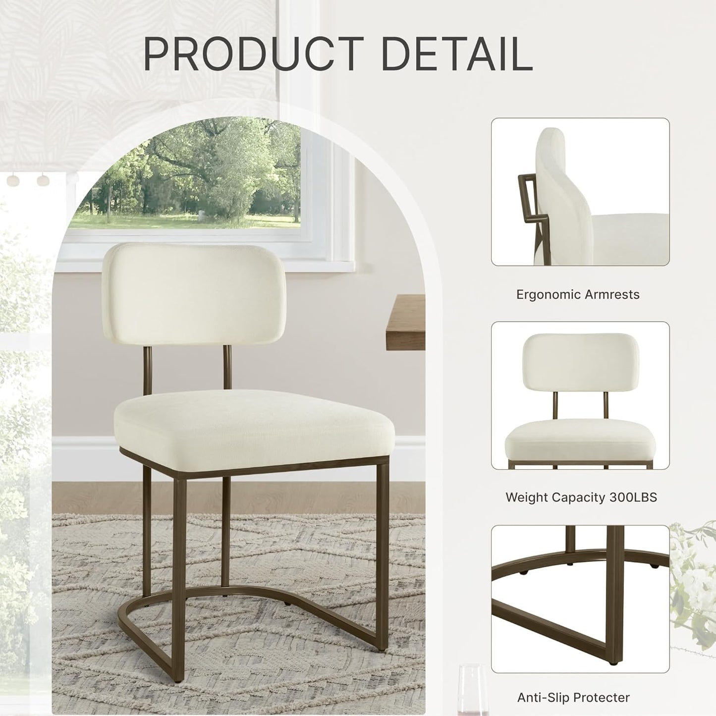 Dining Chairs Set of 6, Upholstered Modern Kitchen Chairs with Ergonomic Backrest, Fabric Cushion Seat & Metal Legs for Living Room, Restaurant, and Café, Ivory, 2Boxs