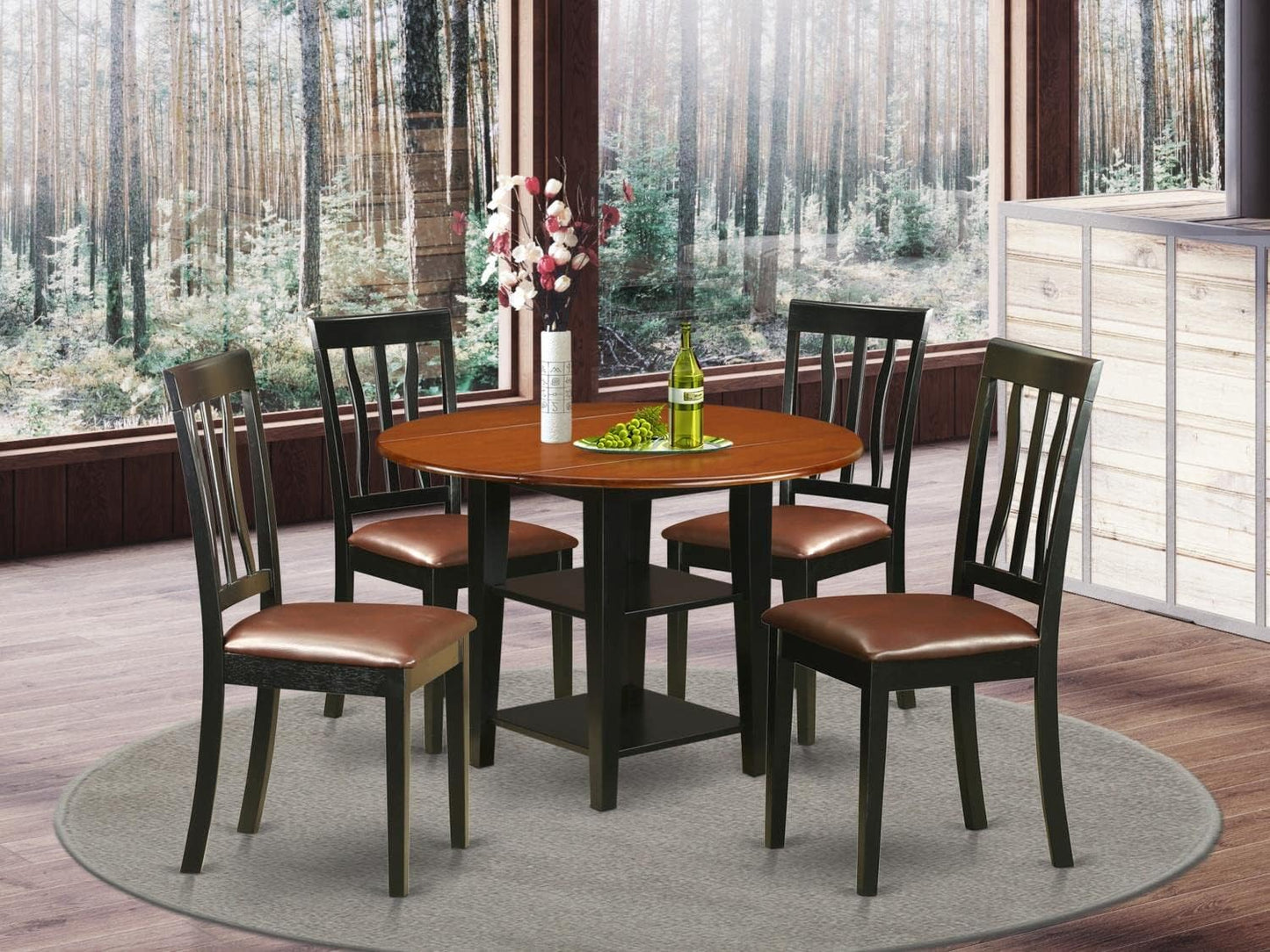 East West Furniture SUAN5-BCH-LC 5 Piece Kitchen Table Set Includes a Round Dining Room Table with Dropleaf & Shelves and 4 Faux Leather Upholstered Chairs, 42x42 Inch, Black & Cherry