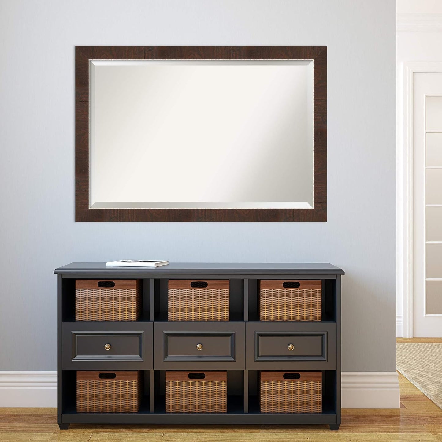 Amanti Art Brown Bathroom Mirror for Over Sink, 27x39 Wildwood Brown Narrow Rectangle Vanity Mirror, Large Rustic Farmhouse Frame, Hangs Horizonally and Vertically, Bathroom Wall Decor, Beveled Edge