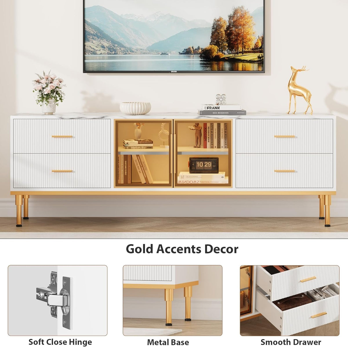 66" Fluted TV Stand with LED Light, Modern Entertainment Center for TVs Up to 75 Inch, Wood TV Media Console with Faux Marble Top, 4 Drawers, Glass Door for Living Room, White