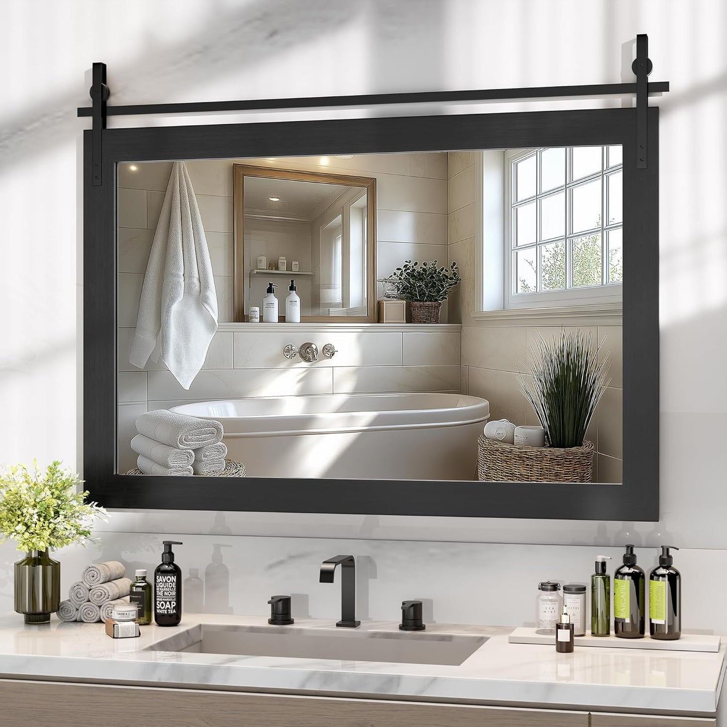 Hasipu Farmhouse Bathroom Mirror, 48"x32" Rustic Wood Framed Wall Mounted Mirror, Black Vintage Vanity Mirror Barn Door Style Decrative Mirrors