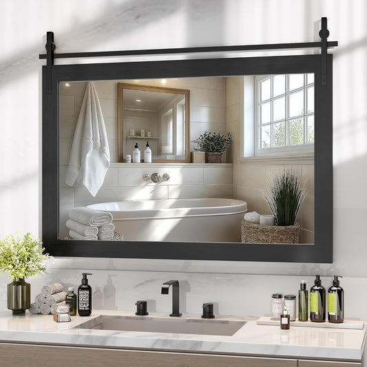 Hasipu Farmhouse Bathroom Mirror, 48"x32" Rustic Wood Framed Wall Mounted Mirror, Black Vintage Vanity Mirror Barn Door Style Decrative Mirrors