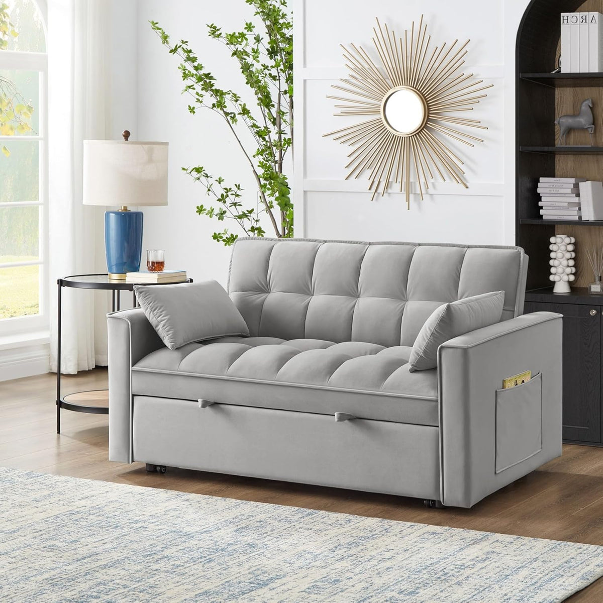 KEIKI Velvet Loveseat Convertible Sofa Bed Sleeper Chair with Adjustable Backrest, Pillows & Storage Pockets, 3 in 1 Pull-Out Couch Chaise Lounge Recliner for Living Room Balcony Bedroom, Grey