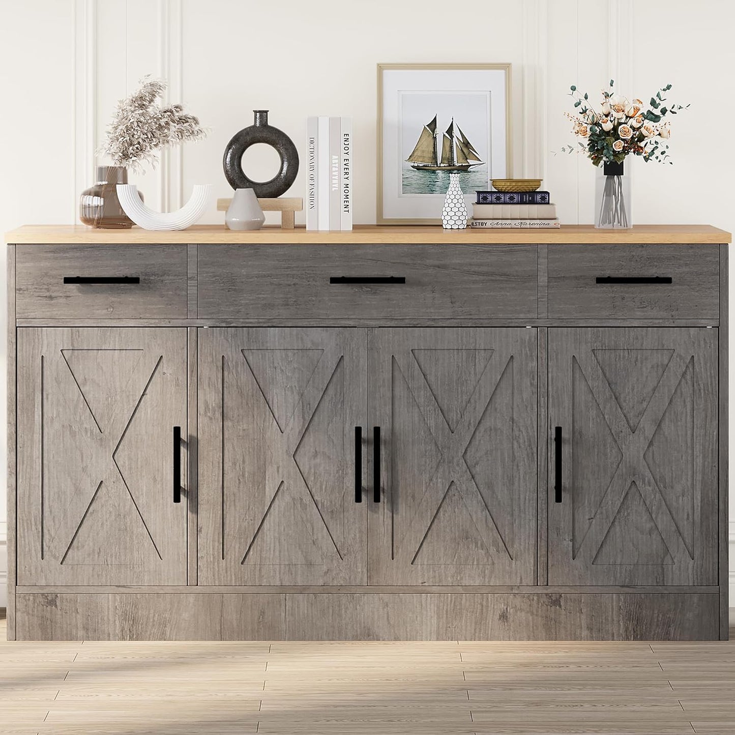 Shintenchi Buffet Cabinet with Storage,53.4" Large Kitchen Storage Cabinet with 3 Drawers and 4 Doors,Wood Farmhouse Buffet Sideboard with Adjustable Shelf for Kitchen Living Room,Ash Grey