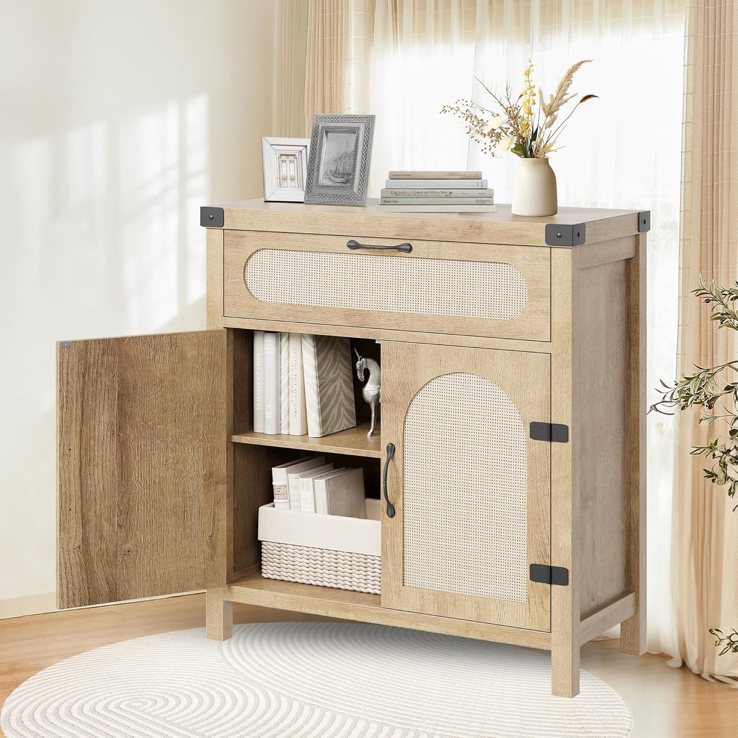 IDEALHOUSE Rattan Cabinet with Drawer, Sideboard with Synthetic Rattan-Accent Doors, Adjustable Shelves, Buffet Cabinet for Living Room Dining Room, Natural