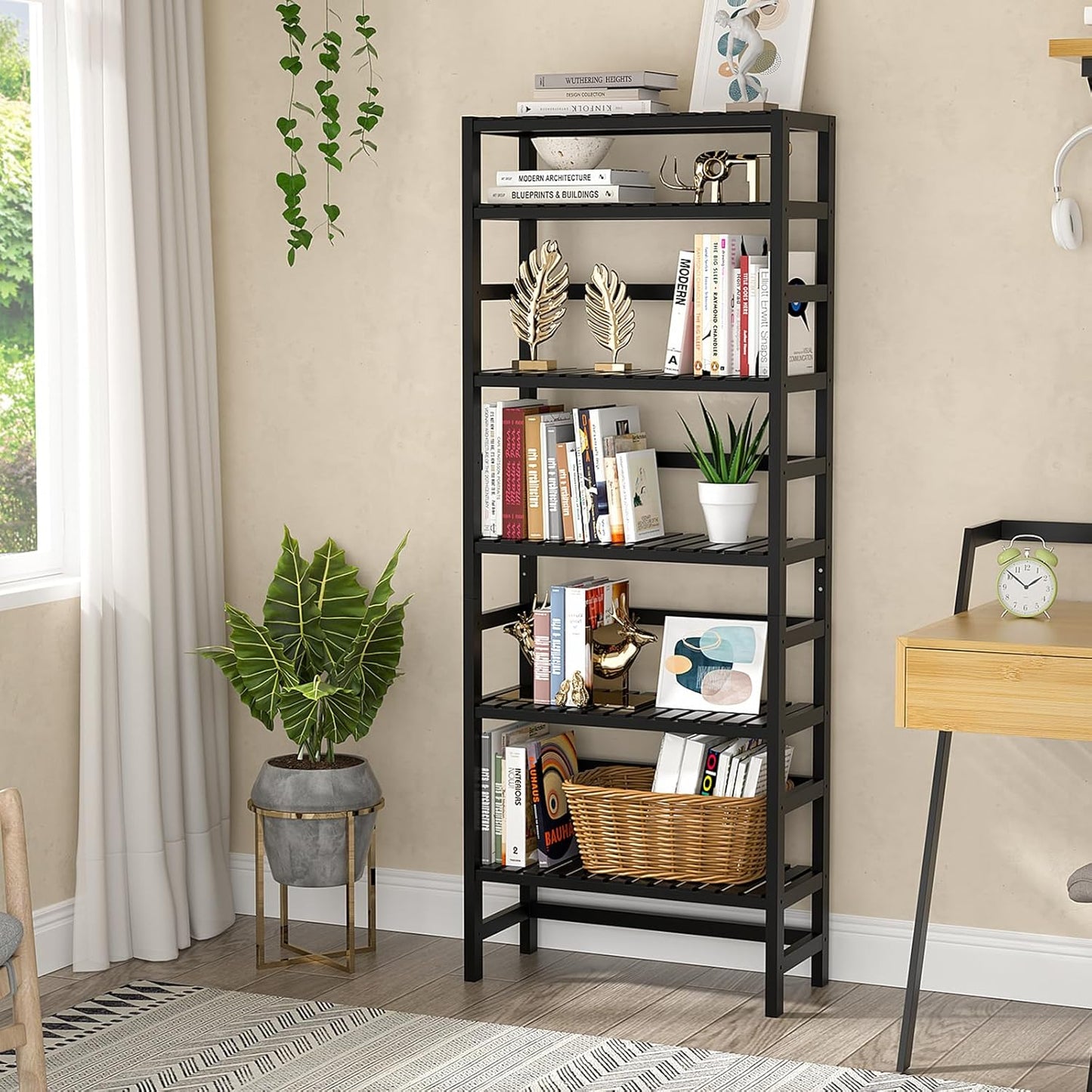 Homykic 6-Tier Bamboo Bookshelves and Bookcases, Adjustable 63.4”Tall Shallow Book Shelf Organizer Rack, Freestanding Storage Shelving Unit for Living Room, Kitchen, Bathroom, Office, Black