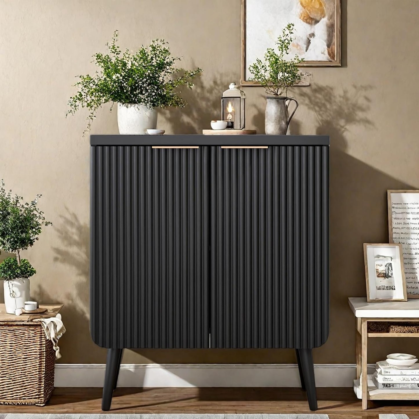 Buffet Cabinet, Sideboard Fluted Cabinet Modern Kitchen Buffet Storage Cabinets with Doors and Shelves, Wood Farmhouse Coffee Bar Station for Entryway & Dining Room & Living Room, Black