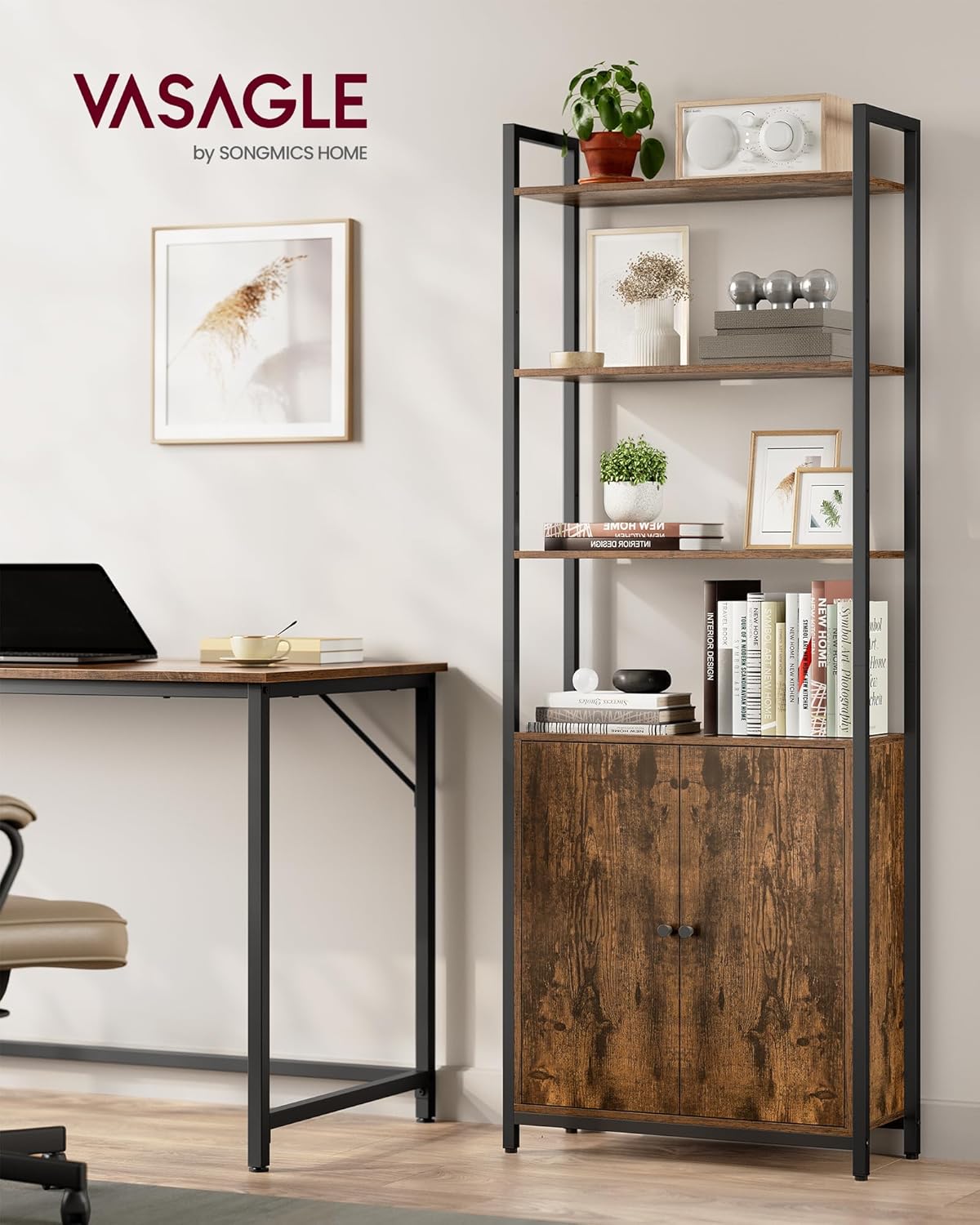 VASAGLE 6-Tier Bookshelf, Tall Bookcase with Cabinet, Steel Frame, Adjustable Shelves, 9.4 x 23.6 x 62.8 Inches, Living Room Bedroom, Rustic Brown and Ink Black ULLS133K01