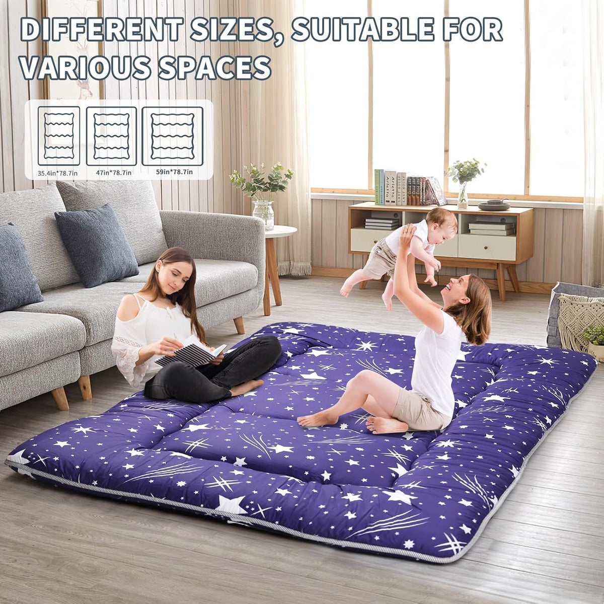Japanese Floor Mattress,4" Thicken Japanese Floor Sleeping Pad Foldable,Futon Mattress Suitable for Camping and Guest Room (Blue, Twin (80" x 36"))
