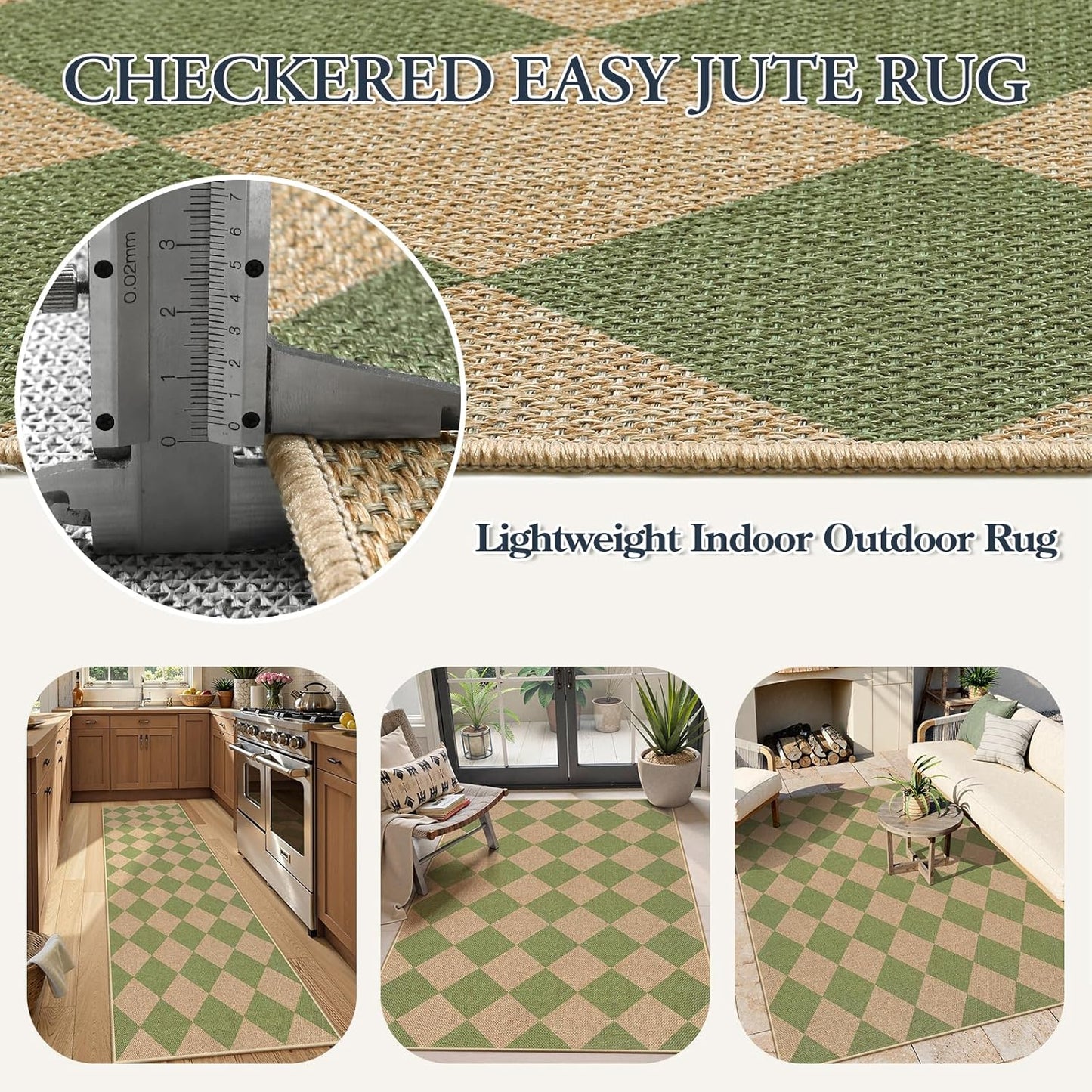 Lahome Green Checkered Easy Jute Rug, 3x5 Washable Outdoor Rug Neutral Rug for Entryway, Checkerboard Non Slip Non Shedding Floor Carpet for Living Room Front Door Porch