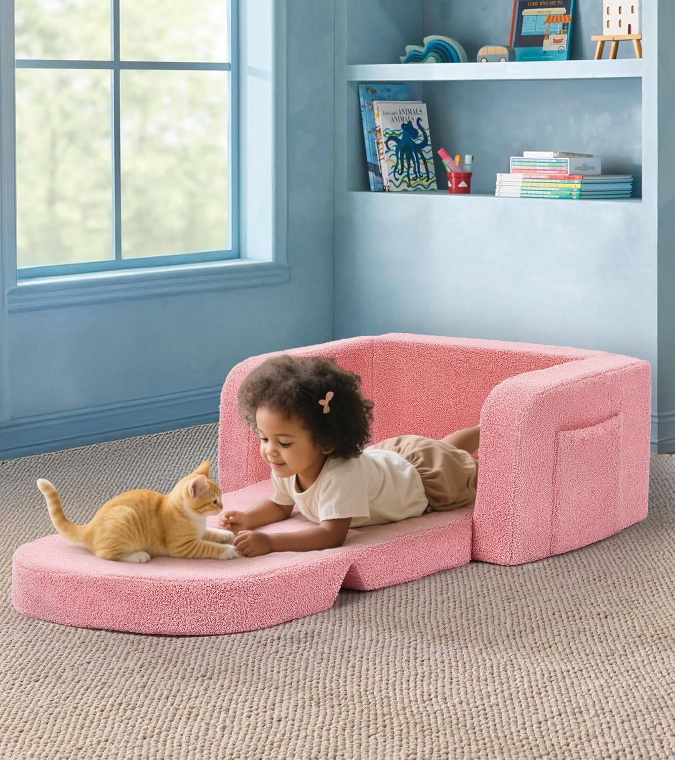 Kids Couch, 2-in-1 Soft Toddler Couch Fold Out with Blanket, Comfy Toddler Chair, Convertible Sofa to Lounger, Convertible Sofa to Lounger, Gifts for Kids Girl Boys, Medium Colorful Pink Rainbow