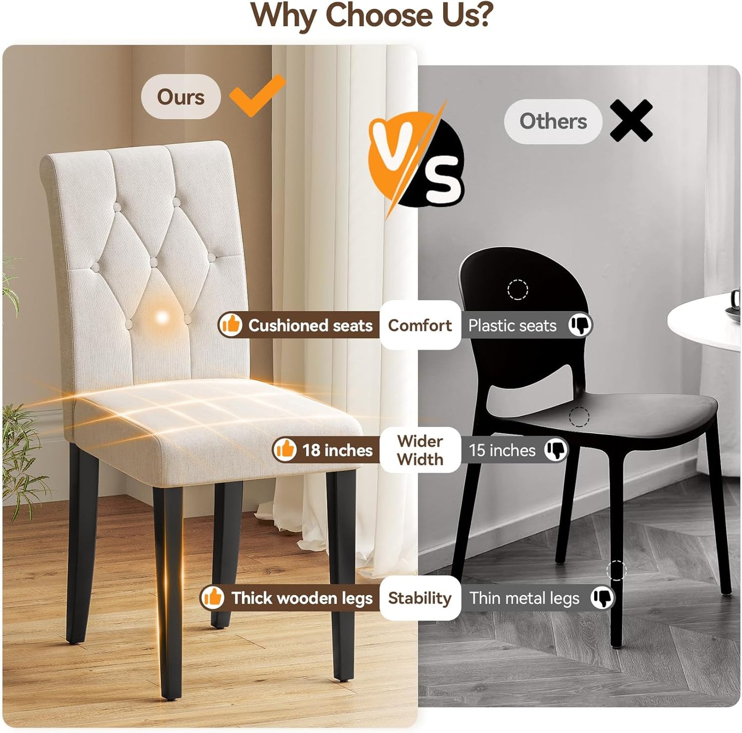 Upholstered Dining Chairs Set of 2, Modern Button Tufted Parsons Design with Solid Wood Legs, Soft Fabric Side Chairs Comfortable & Stylish, White