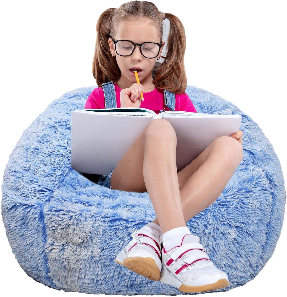 Fluffy Bean Bag Chair for Kids, 2.5FT Round Memory Foam Filled Bean Bag for Teens & Kids, Ultra Soft Faux Fur Fabric Bean Bag Chairs for Playroom, Living Room, Bedroom, Blue