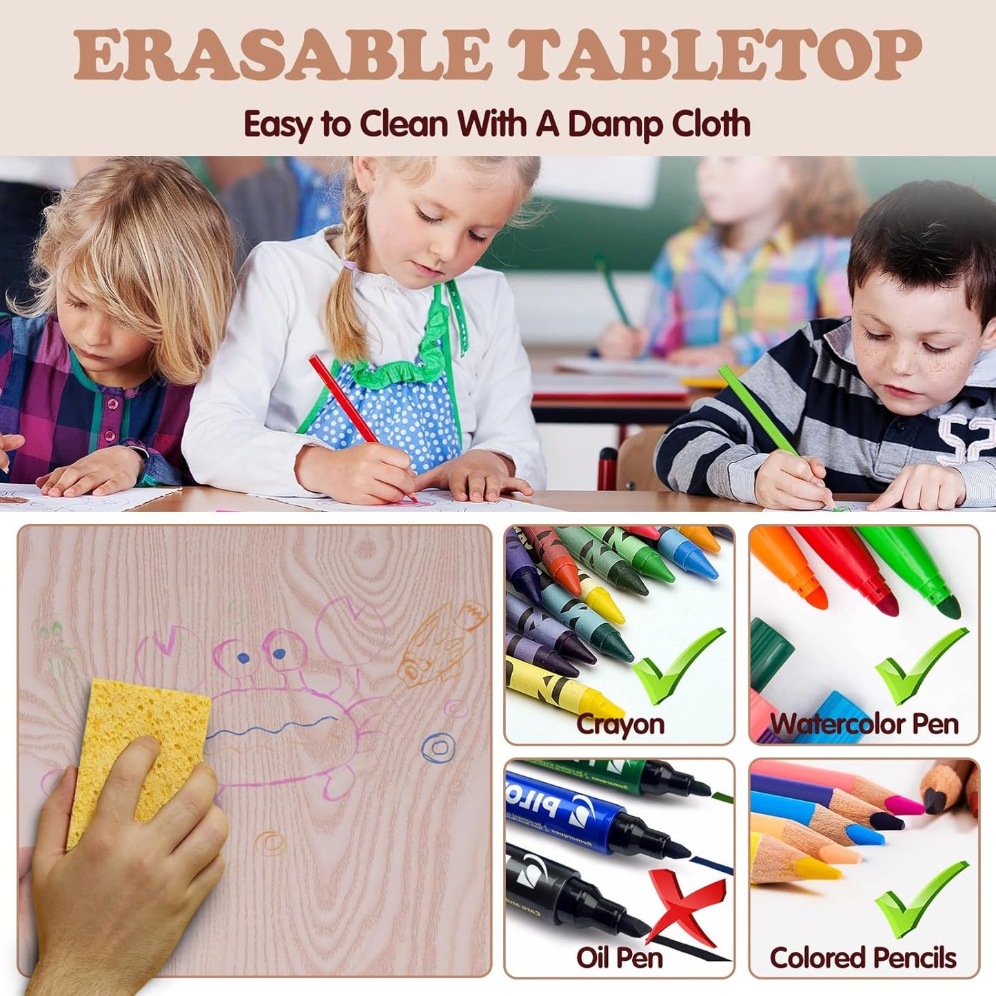 Kids Table and 2 Chairs Set, Height Adjustable Toddler Study Table and Chair Set, Kid Size for Ages 3-8 Children, Graffiti Desktop, Easy to Wipe/Arts & Crafts, Homes/Classrooms/Daycare (Pink)