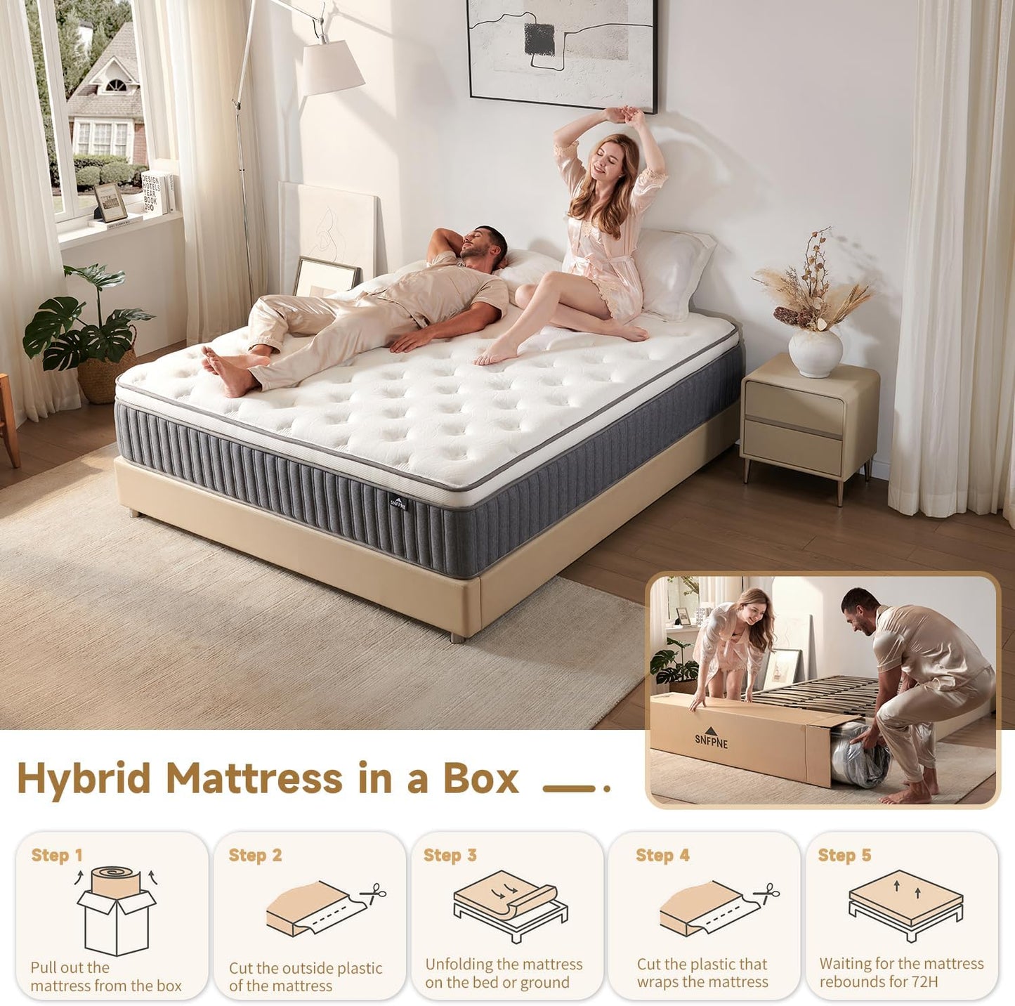 King Size Mattress 12 Inch, Hybrid Memory Foam Mattress with Zoned Pocket Coils Support and Motion Isolation Design, Strengthen Edge Support,CertiPUR-US Certified, Medium Firm in a Box