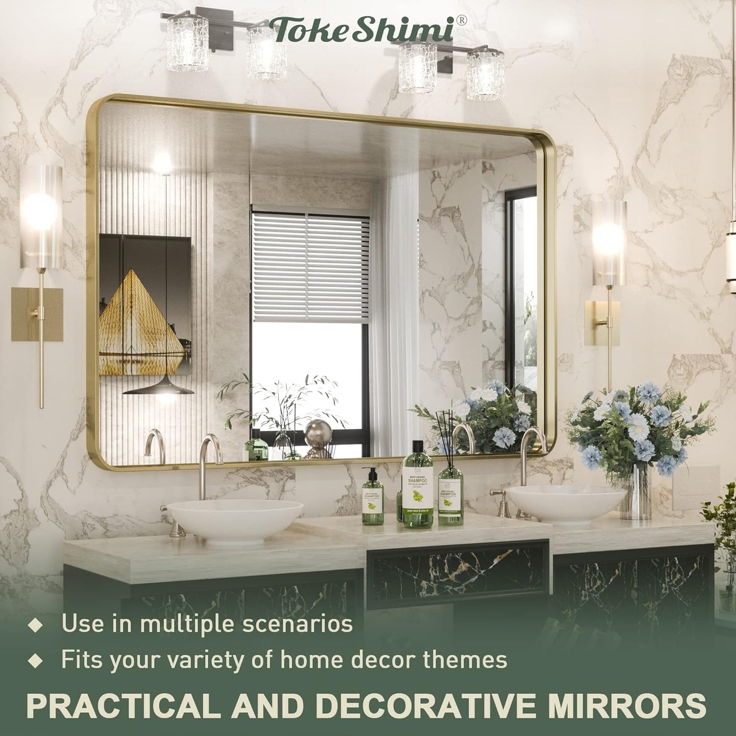TokeShimi Gold Bathroom Mirror for Wall 40 x 30 Inch Rounded Corner Rectangle in Aluminum Alloy Metal Frame Deep Set Design Hangs Horizontal Or Vertical Farmhouse