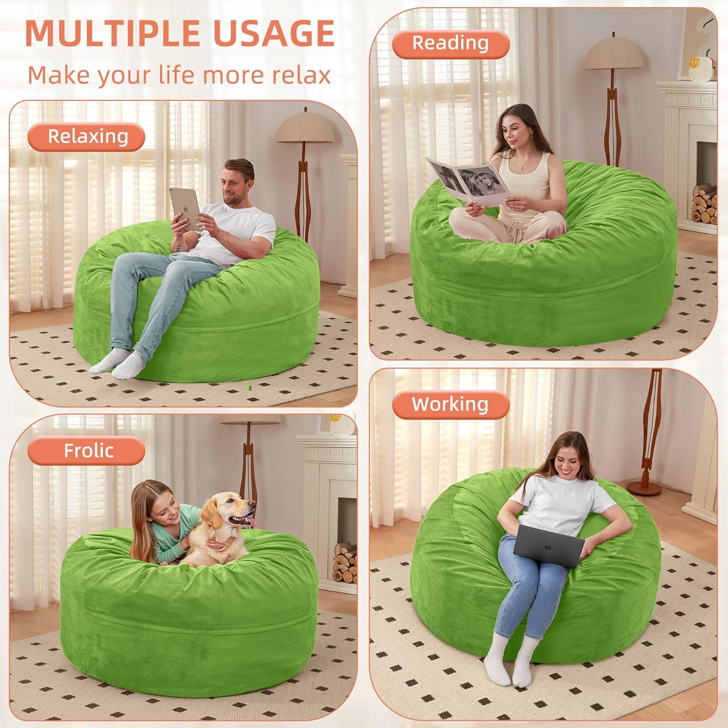 HABUTWAY Bean Bag Chair 3Ft Luxurious Velvet Ultra Soft Fur with High Rebound Memory Foam Bean Bag Chairs for Adults Plush Lazy Sofa with Fluffy Removable Sponge 3' (Lime)