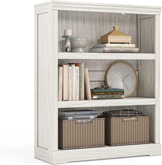 LINSY HOME 3-Tier Bookcase and Bookshelf, Small Wood Display Storage Shelves Farmhouse Bookshelf for Home Office, Living Room, Bed Room - White Oak
