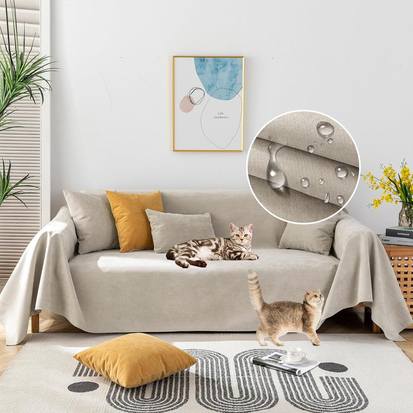 STACYPIK 100% Waterproof Beige Sofa Cover for Dogs, Anti-Cat Scratch Couch Covers for Pets, Non-Slip Couch Covers for 2 Cushion Couch, Washable Loveseat for Sectional, Furniture Protector-71X71IIN