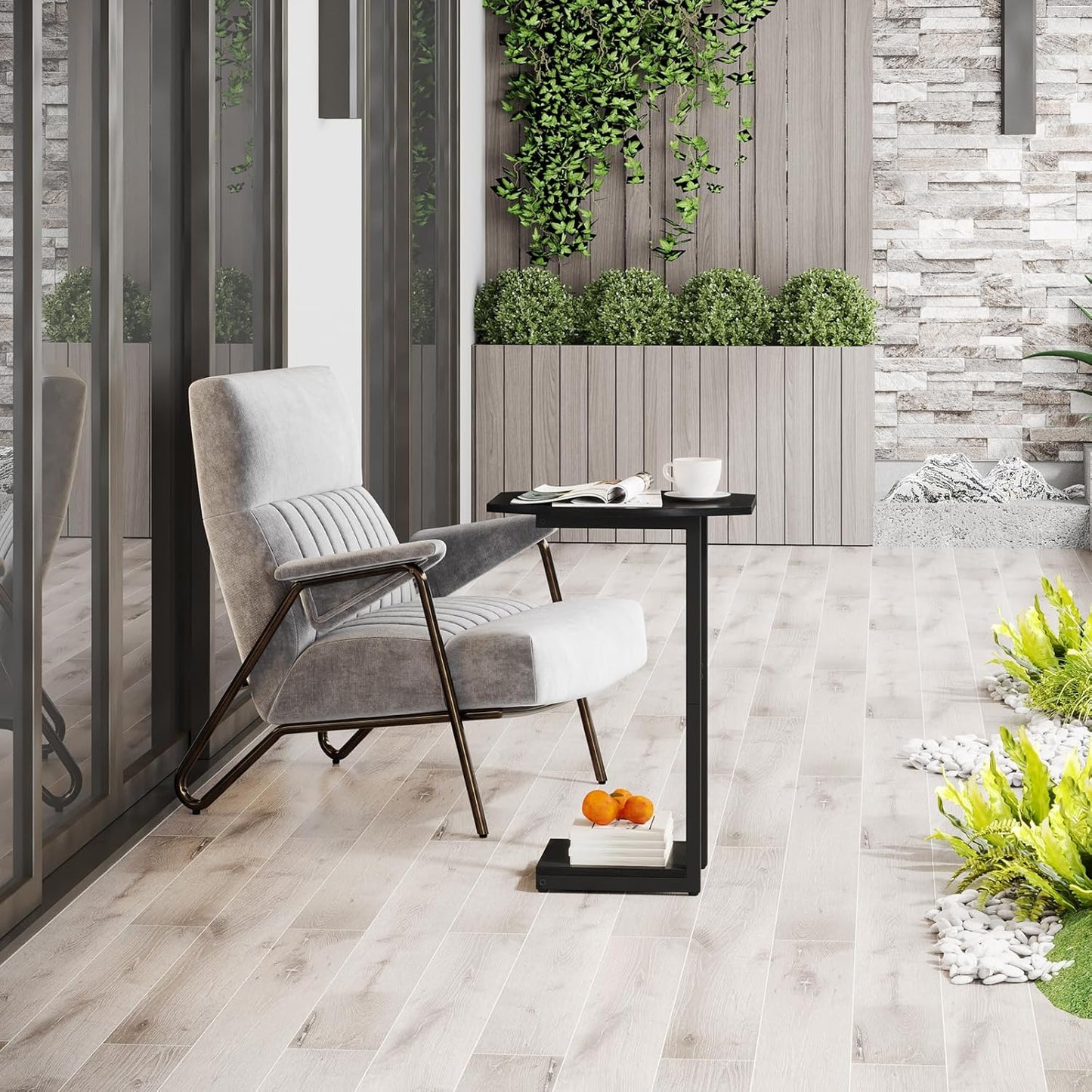 Hosfais Small Side Table End Table, C Shaped Barrel Coffee Table with Metal Frame, Wooden TV Tray for Living Room, Bedroom, Couch, Small Spaces (Black)