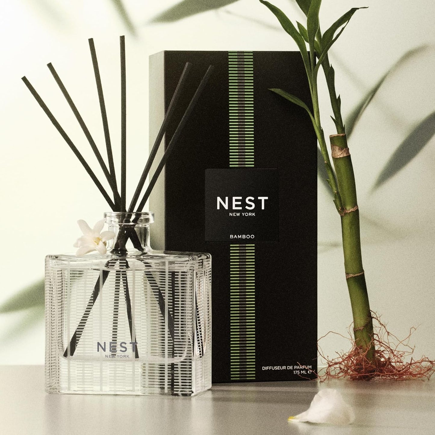 NEST New York Reed Diffuser, Bamboo - 5.9 fl oz - Fragrance for Up to 90 Days - Reusable, Refillable Glass Holder - Includes 8 All-Natural Reed Sticks - Flame Free