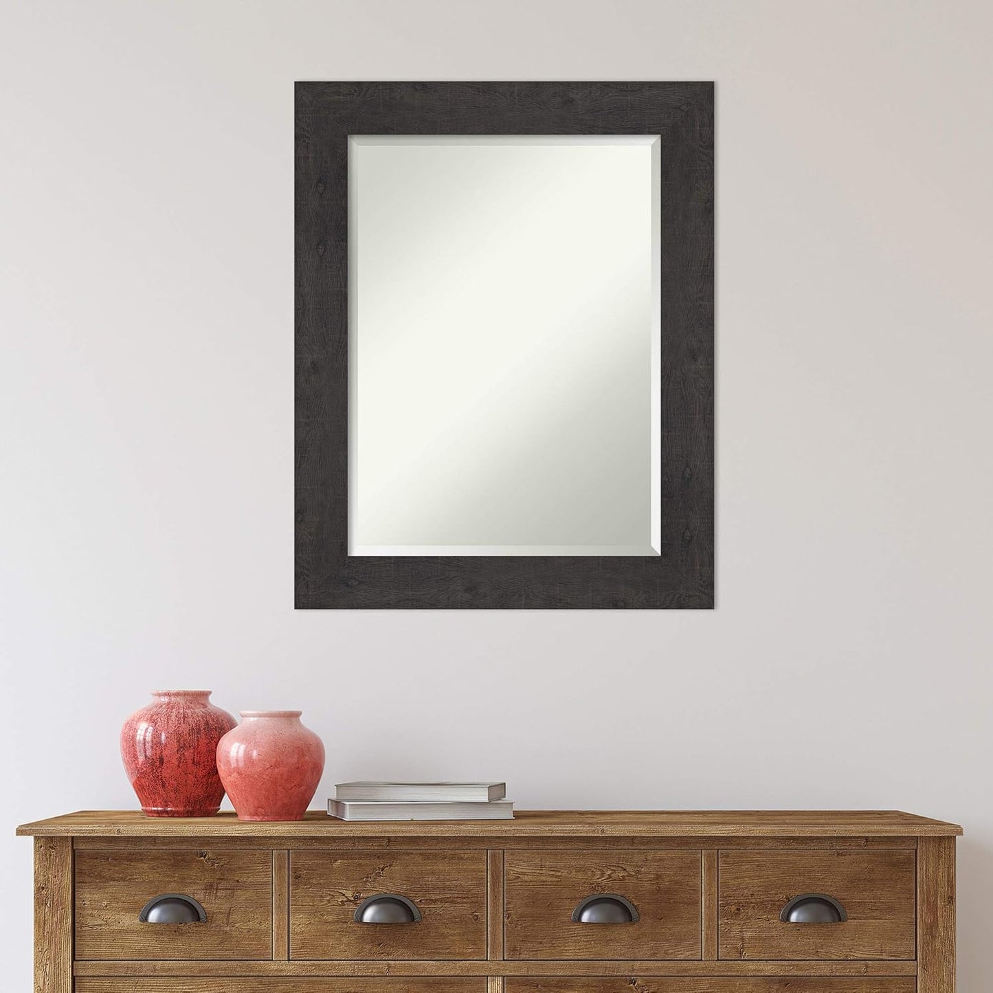 Amanti Art Brown Bathroom Mirror for Over Sink, 30x24 Rustic Plank Espresso Rectangle Vanity Mirror, Medium Rustic Farmhouse Frame, Hangs Horizonally and Vertically, Bathroom Wall Decor, Beveled Edge