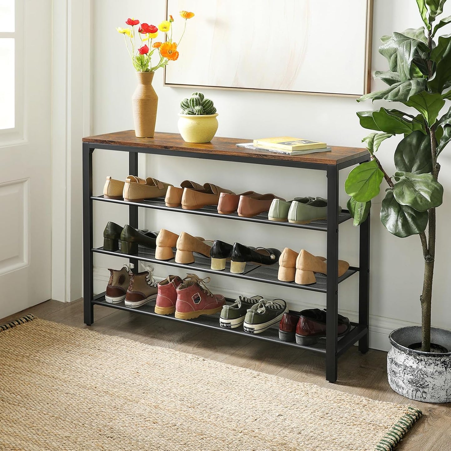 VASAGLE 4 Tier Shoe Rack, Shoe Organizer for Closet, Entryway, 16-20 Pairs of Shoes, Large Shoe Rack Organizer with 3 Metal Mesh Shelves, 11.8 x 39.4 x 28.3 Inches, Rustic Brown and Black ULBS14BX