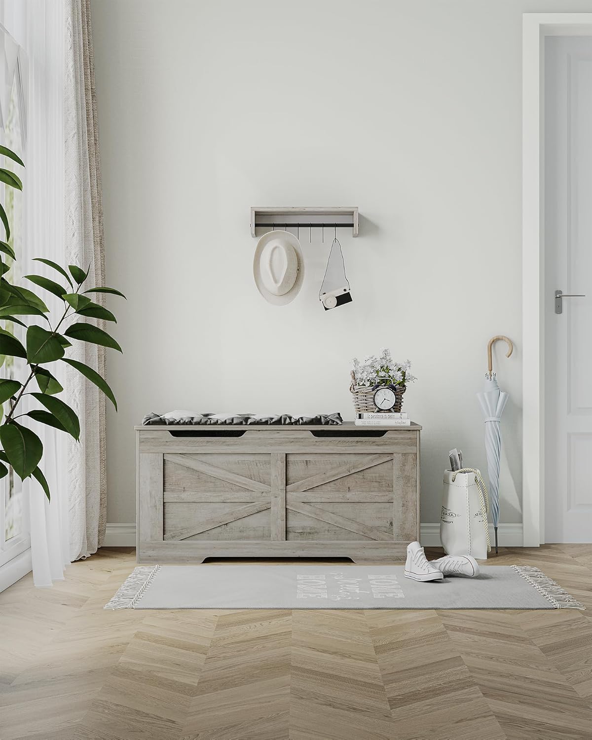 39.4" Storage Chest, Extra Large Storage Trunk with 2 Safety Hinges, Wooden Box Bench, Lift-Top Organizer Chest, Shoe Bench for Entryway, Bedroom, Living Room, Greige SB03405X