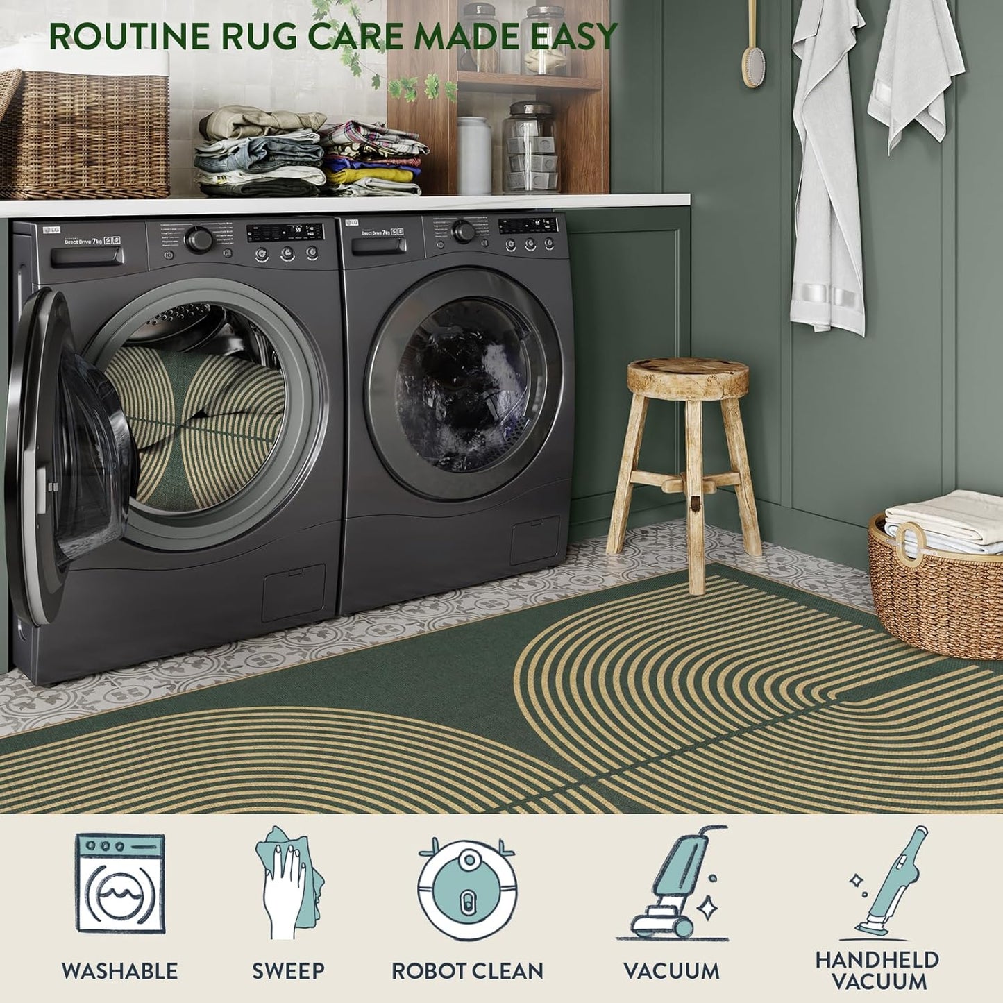 Lahome Modern Rainbow Easy Jute Kitchen Runner, 2x8 Indoor Outdoor Runner Rug for Hallway Entryway, Farmhouse Dark Green Non Slip Floor Carpet for Bedroom Foyer Laundry Room