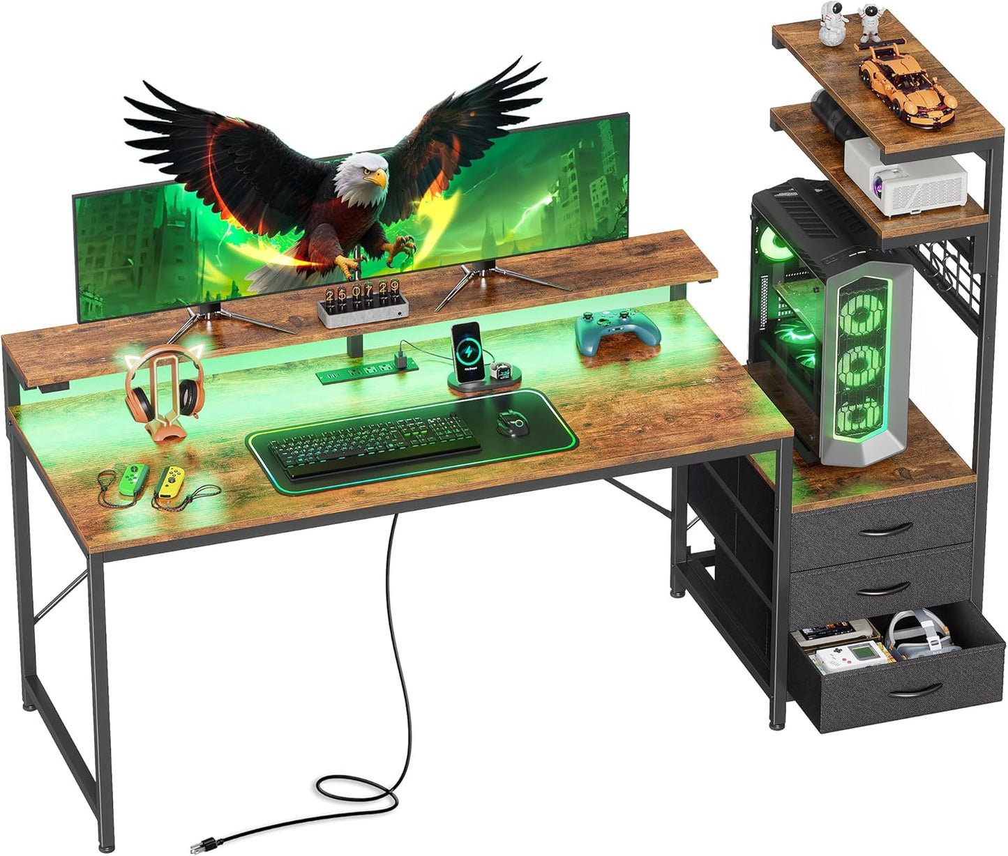 PRAISUN 61.7" Gaming Desk with LED Lights & Outlets, Computer Desk with 3 Fabric Drawers, PC Desk with PC Case Stand & Movable Storage Shelves, Monitor Stand, Reversible, Rustic Brown
