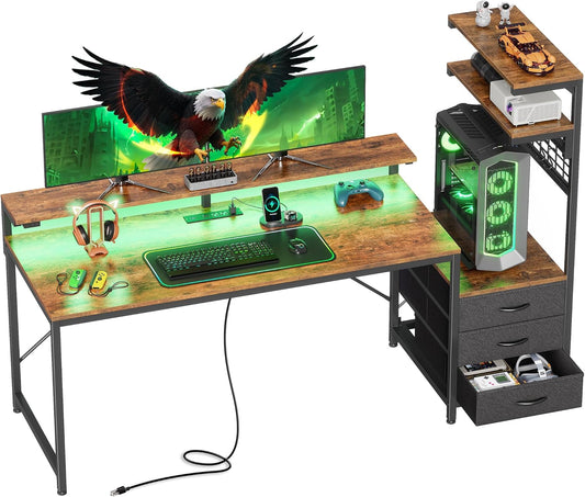 PRAISUN 61.7" Gaming Desk with LED Lights & Outlets, Computer Desk with 3 Fabric Drawers, PC Desk with PC Case Stand & Movable Storage Shelves, Monitor Stand, Reversible, Rustic Brown
