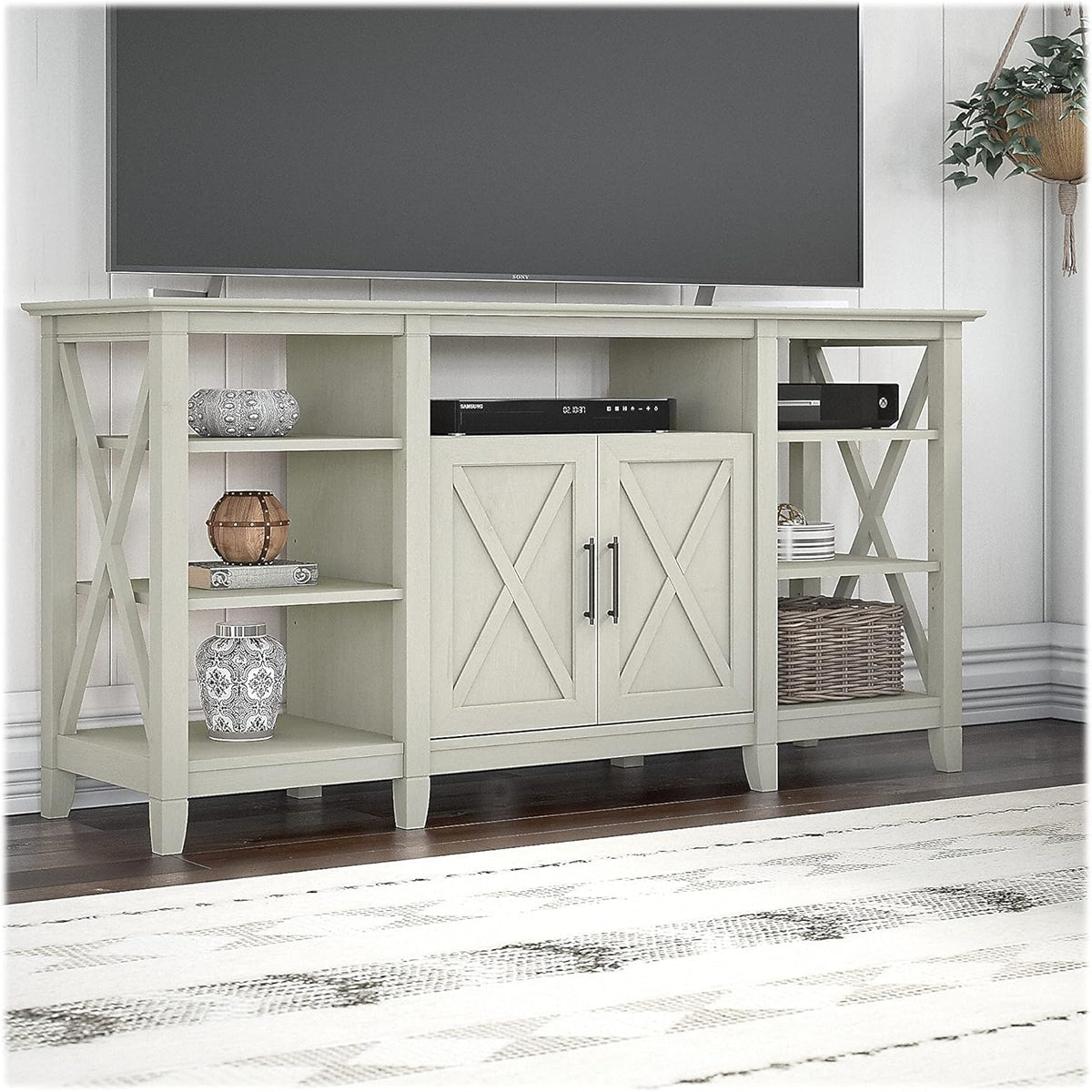 Bush Furniture Key West Tall TV Stand for 65 Inch TV in Linen White Oak, Farmhouse Entertainment Center with Storage