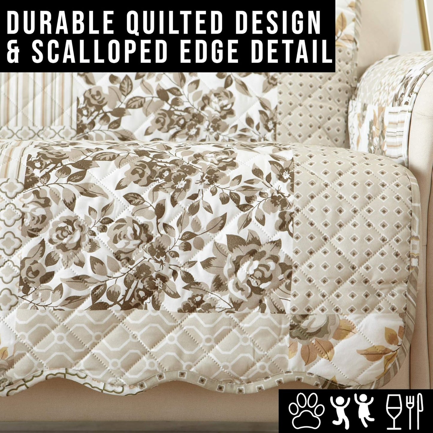 Great Bay Home Patchwork Scalloped Printed Furniture Protector Stain Resistant Sofa Cover (Sofa, Taupe)