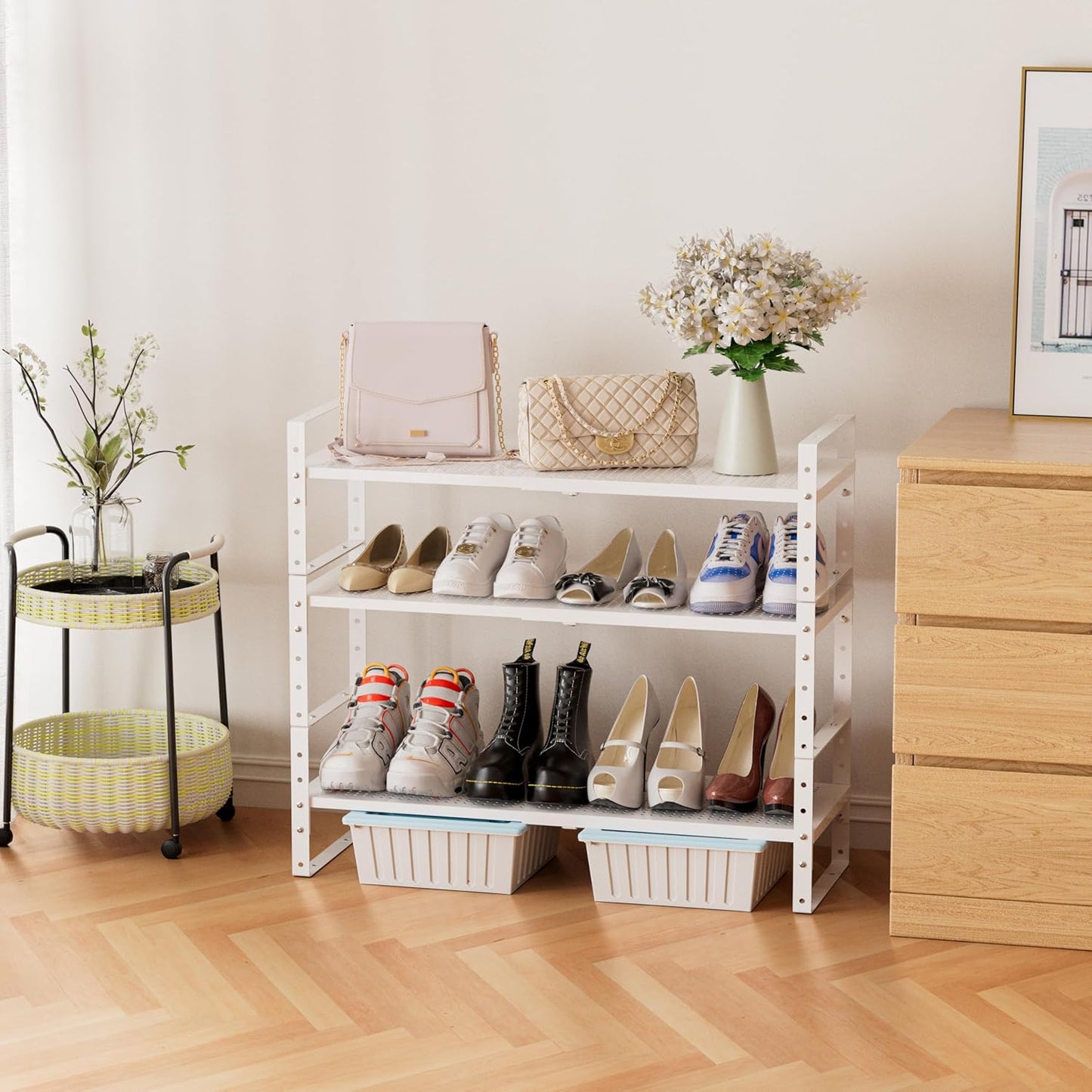 Expandable Stackable Aadjustable Shoe Rack Pantry Shelf for Kitchen Cabinets Counter Shelves Countertop Cupboard Storage Solution,Sturdy Heavy-Duty Metal Construction(1Pack/White/Medium)