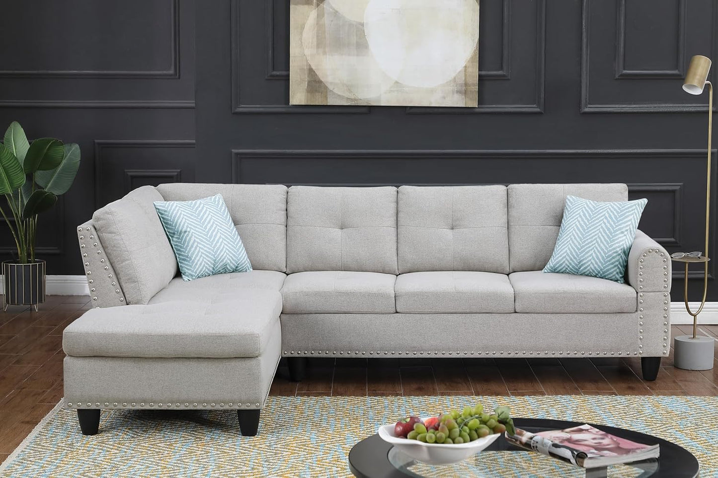 Ball & Cast 98" L Shaped Sectional Couch for Living Room with Chaise & Nailhead Trim,4 Seat Linen Upholstered Modular Sectional Sofa Set 2 PCS W/Cup Holders and 2 Pillows for Home,Office,Light Gray