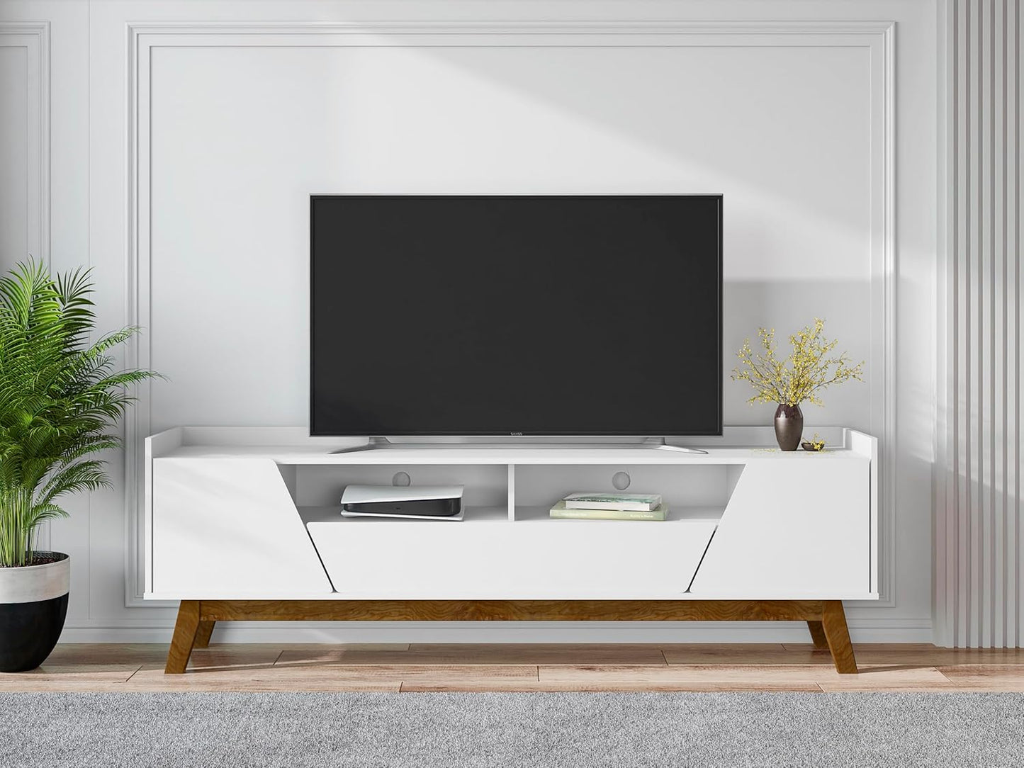 Manhattan Comfort Marcus Mid Century Modern 70 Inch TV Stand with Drawers, Cable Management, 4 Shelves and Soft Close Doors, Entertainment Center and Media Console for Living Room, White