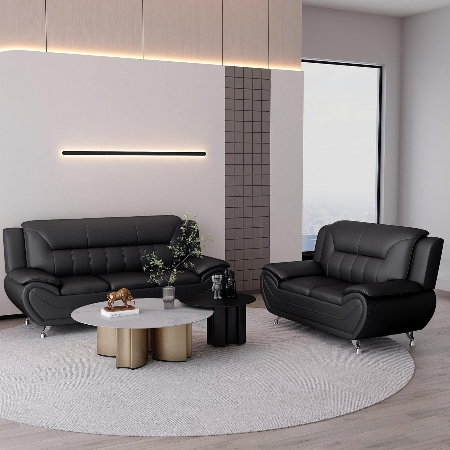 Container Furniture Direct Michael Modern Faux Leather Upholstered Stainless Steel Legs Living Room Sofa, Loveseat, Midnight