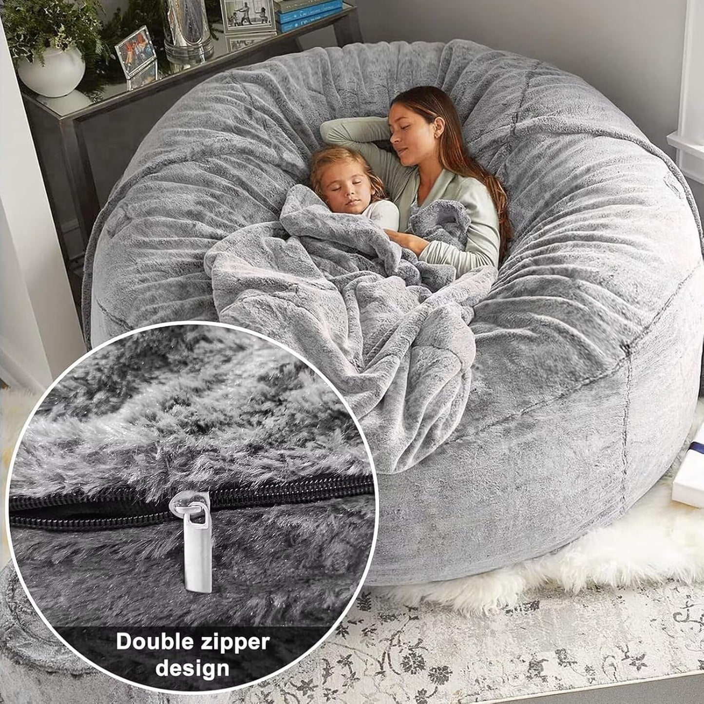 BCU 7FT Big Bean Bag for Adults Kids Without Filling Oversized Bean Bag Chair Cover for Stuffed Animal Storage, Powder Pink