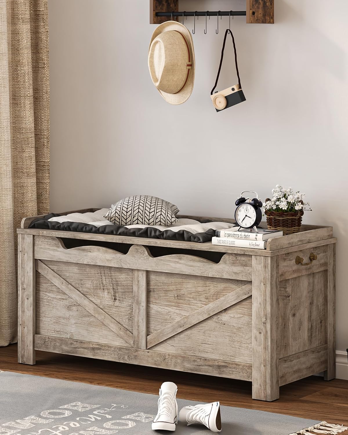 39.4" Storage Chest, Lift-Top Storage Trunk with 2 Safety Hinges, Wooden Bench Box Chest Organizer for Bedroom, Entryway, Living Room, Greige SB04505X