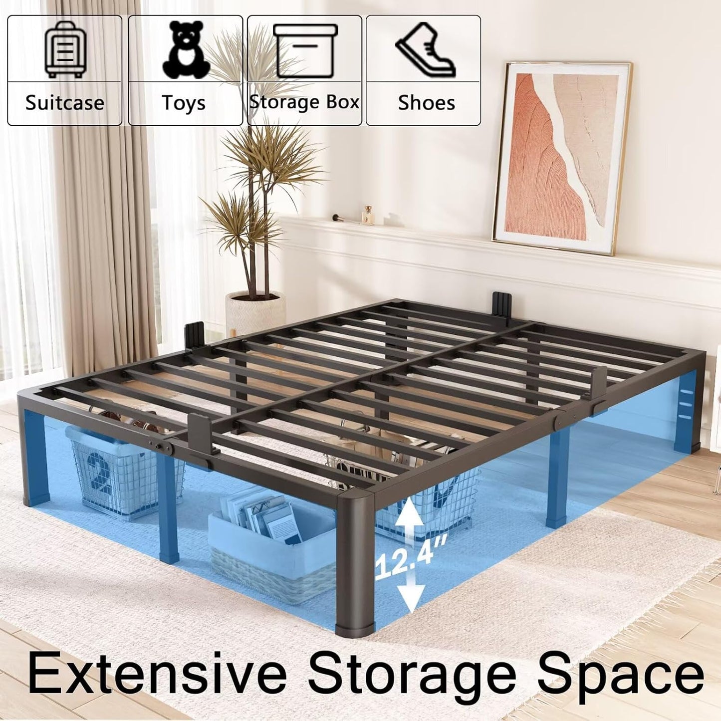 FUIOBYVV 14 Inch Queen Bed Frame with Rounded Corner and Headboard Hole Mattress Retainers 3500 LBS Metal Heavy Duty Steel Slats Support No Box Spring Needed Platform Noise Free Easy Assembly