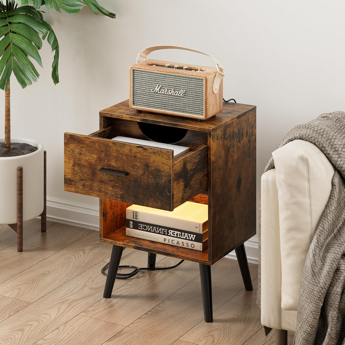 Nightstand with Charging Station and LED Lights, Small Side Table, Bedside Table with Drawer, Modern Night Stand, End Table for Bedroom, Living Room (Rustic Brown)