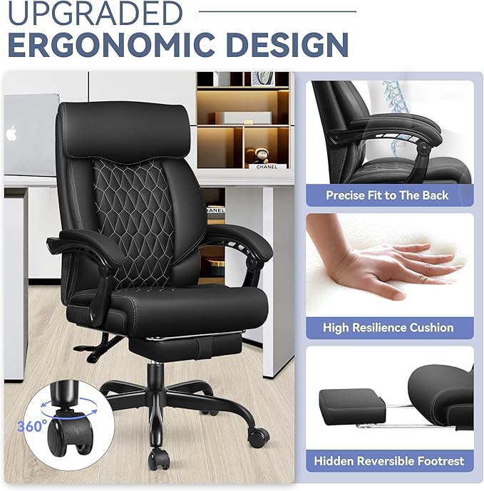 Office Chair, Big and Tall Office Desk Chair, Reclining Office Chair with Footrest Home Office Desk Chairs, High Back Ergonomic with Lumbar Support, Executive Leather