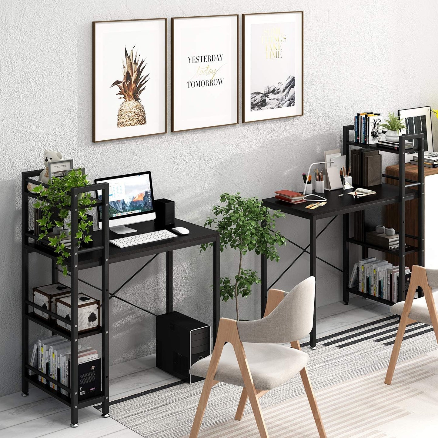 4NM 35" Small Computer Desk with 4-Tier Bookshelf, Home Office Desk Writing Workstation Study Table Multipurpose for Small Space Work - All Black