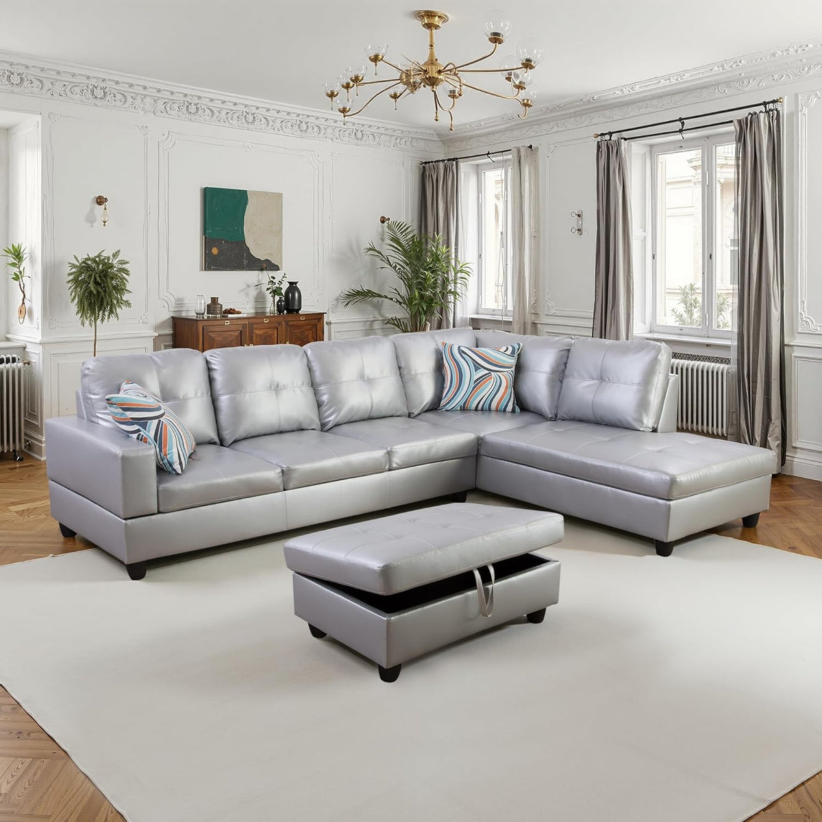 NicBex Sectional Couch 3 Pieces Sofa Set with Left Chaise Synthetic Leather L Shaped Cloud Couch for Living Room Furniture Sets with Storage Ottoman, Modular Sofa for Living Room & Apartment, Silver