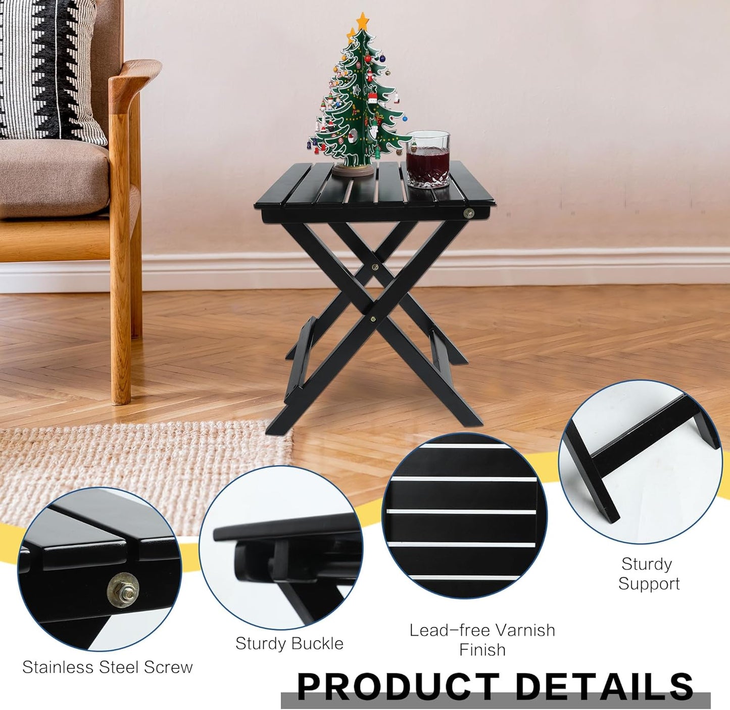 Outdoor Patio Side Table Set of 2 Small Wood End Square Table Folding Coffee Furniture for Living Room, Bedroom, Plant Stand, Camping Portable Black