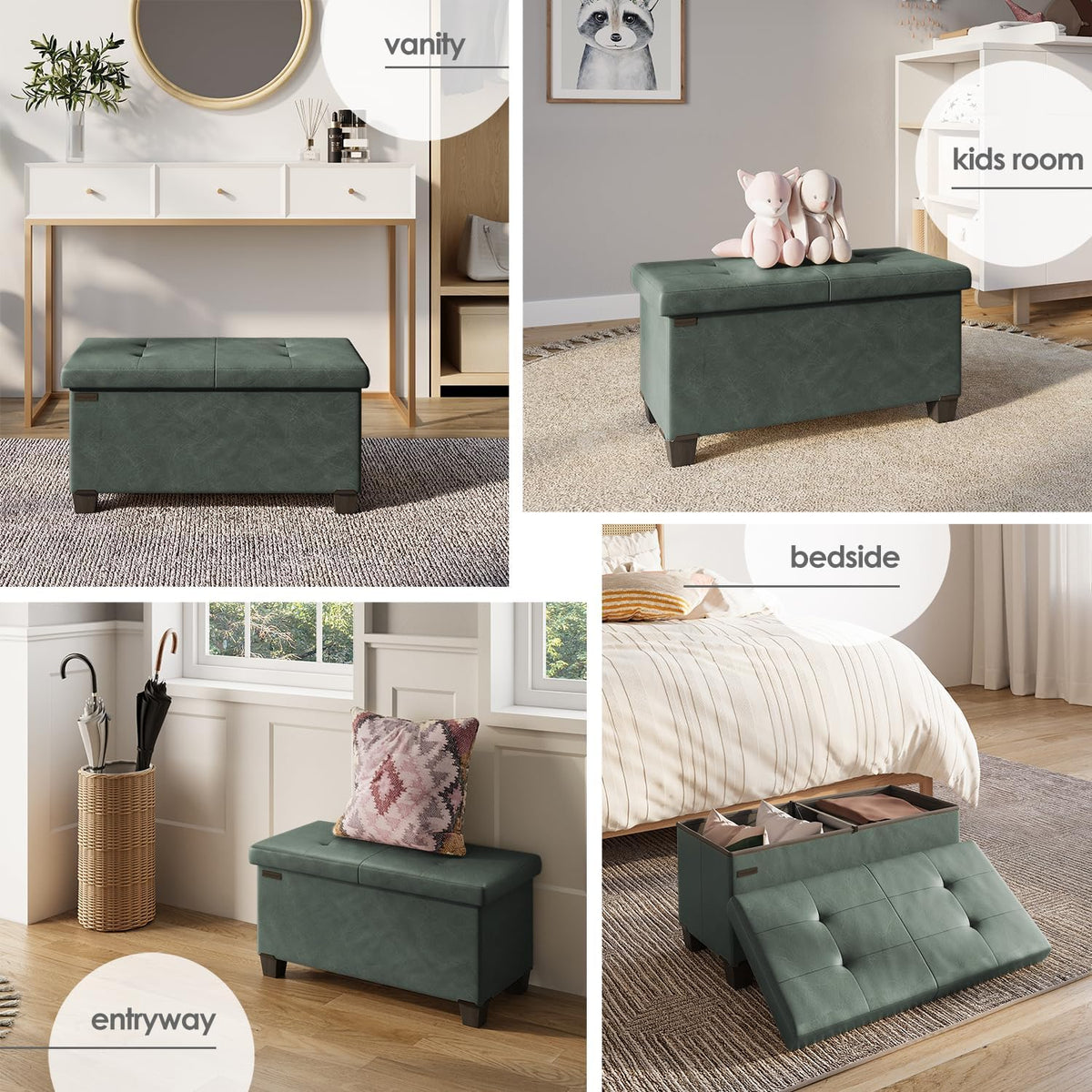 STORAGEBUD Storage Ottoman Bench with Bins, 30-in Storage Bench for Bedroom End of Bed, Folding Foot Rest Ottoman for Living Room Max 660lbs, Faux Leather Ottomans, Green