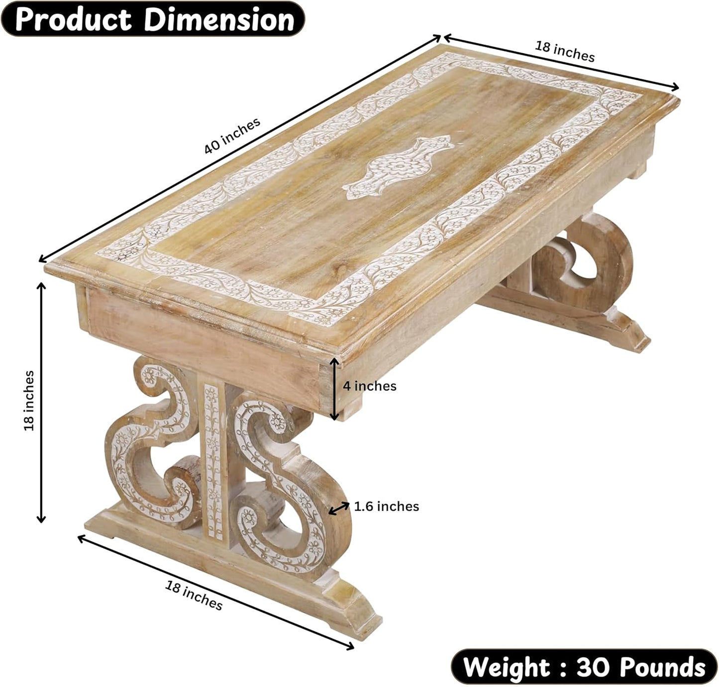 Lightnpro Mango Wood Rectangular Coffee Table - Living Room Center Table, Rustic Vintage Charm, Eco-Friendly Furniture, Reclaimed Wood - 40x18 Inch White Wash Finish