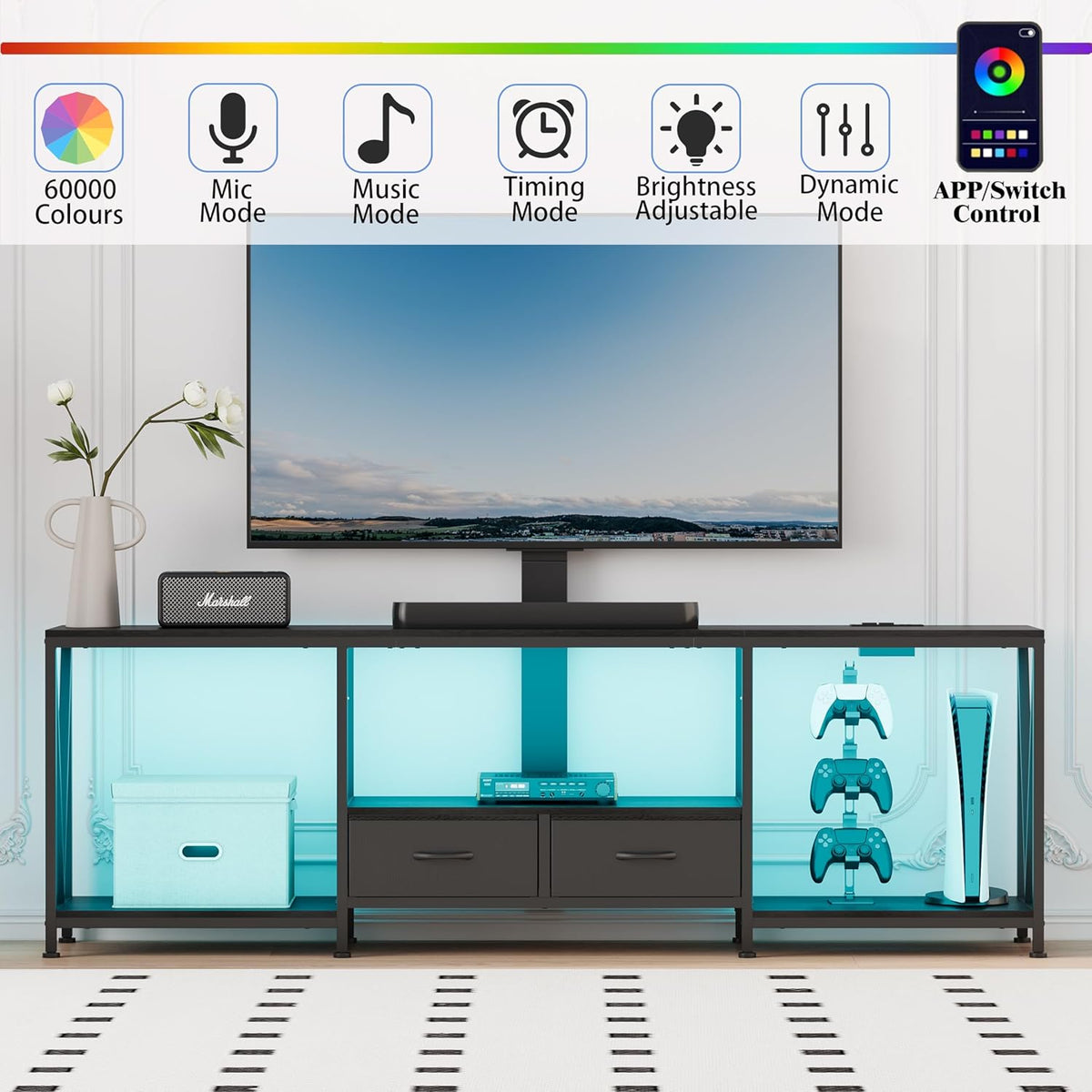 63" W TV Stand with Mount for 50,55,65,75" TV,Entertainment Center with Power Outlet and Led Lights,Height Adjustable TV Console Table with Open Storage Shelves and Fabric Drawers (Black)