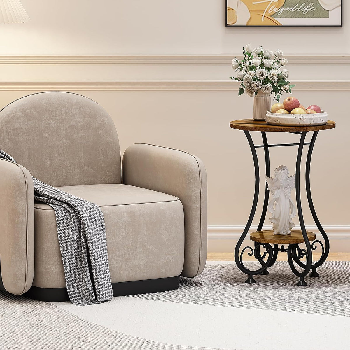 X-cosrack End Table, Round Side Table for Small Spaces, Coffee Tea Table Nightstand Home Decor for Living Room Balcony Bedroom Office,Rustic Brown & Black,15.75" L x 15.75" W x 24.0" H